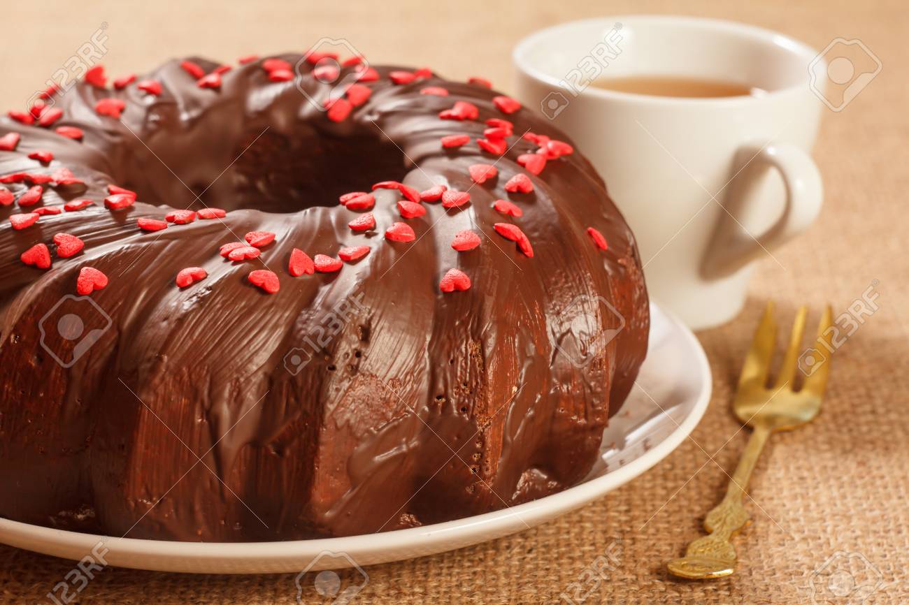 Homemade Chocolate Cake Decorated With Small Hearts Made Of Caramel