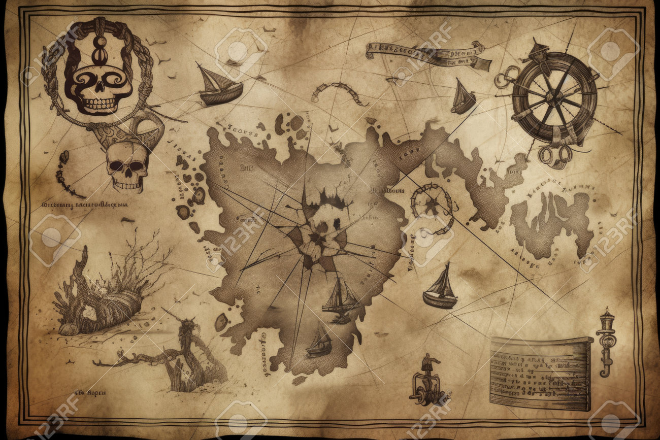 Pirate Treasure Map, With X Marks The Spot .Generative AI