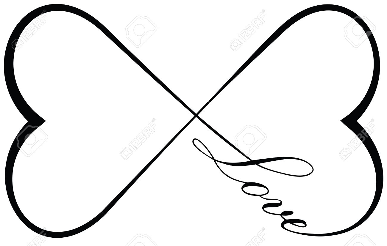 two hearts and the word love forming the infinity sign stock photo