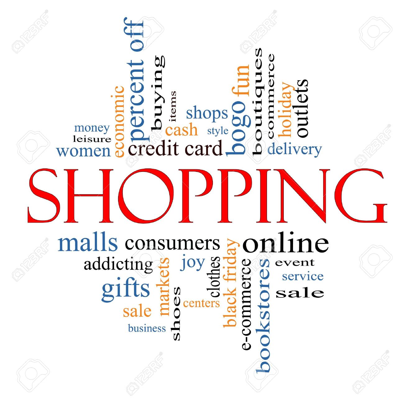 shopping word cloud concept with great terms such as sale bogo mall word