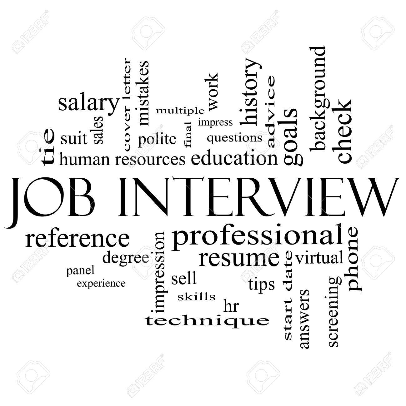 job interview word cloud concept in black and white with great terms such as suit