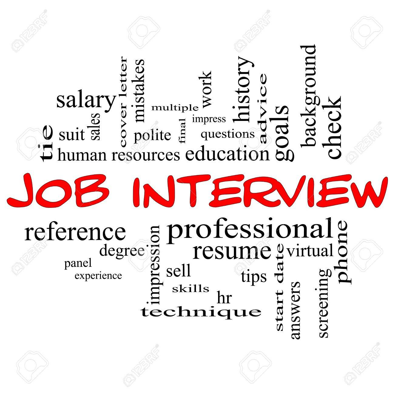 job interview word cloud concept in red caps with great terms