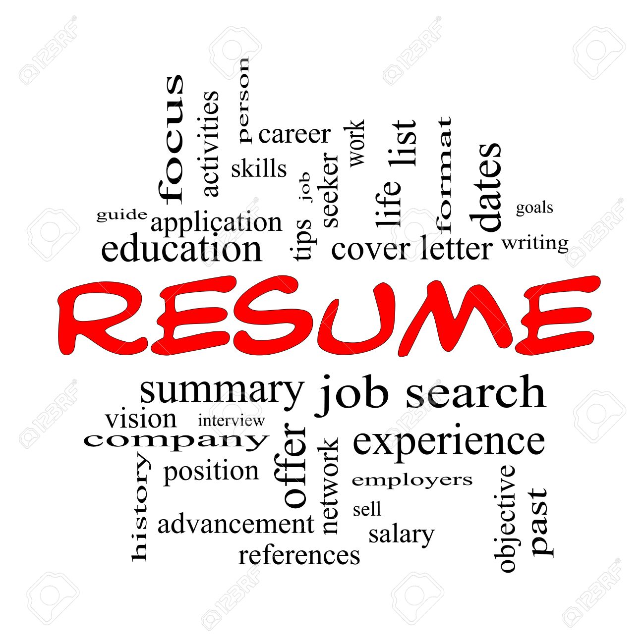 resume word cloud concept in red caps with great terms such as career job search