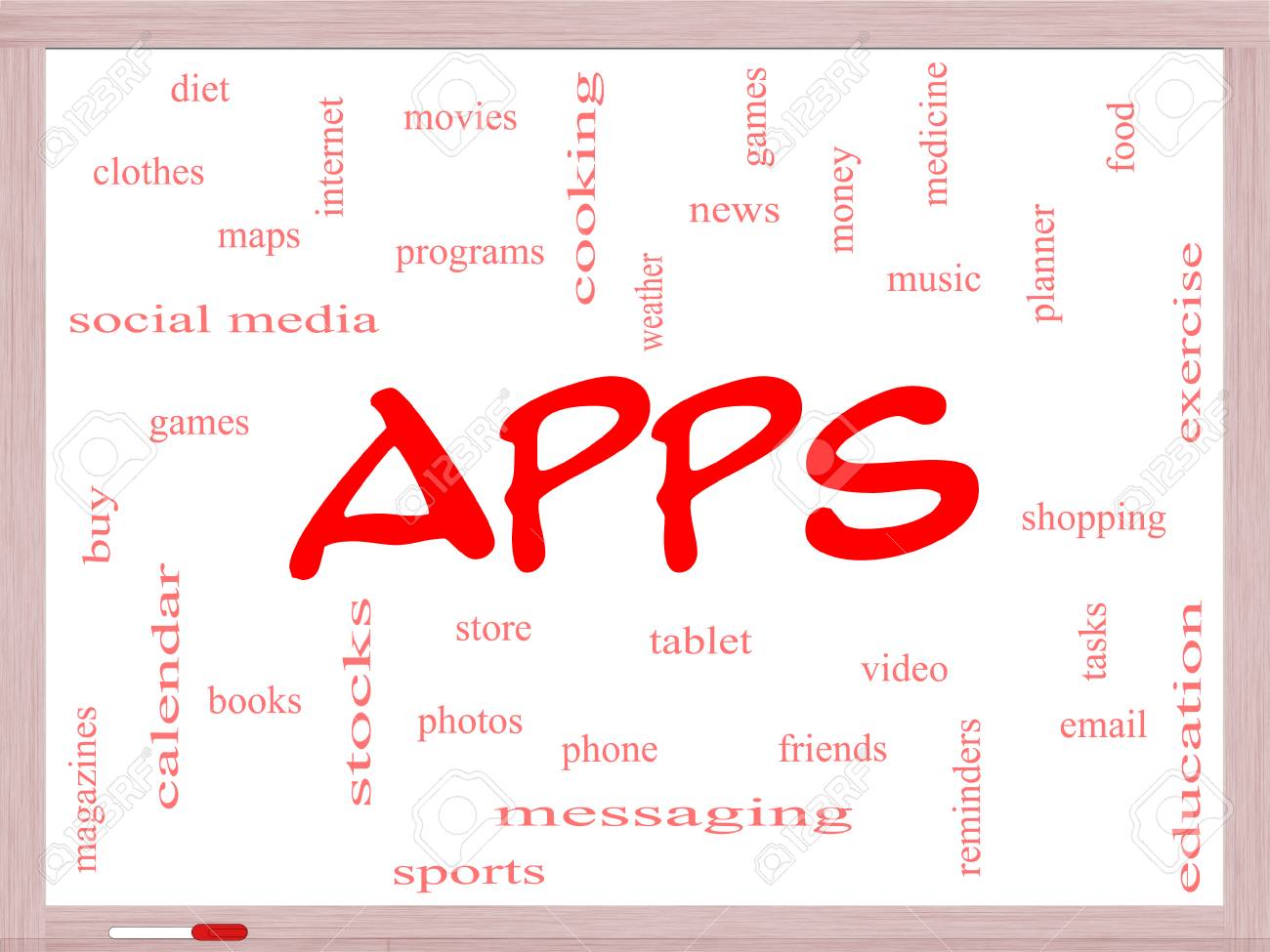 アプリ ゲーム 動画 錠剤 音楽などの偉大な用語をホワイト ボードに単語のクラウドのコンセプト の写真素材 画像素材 Image