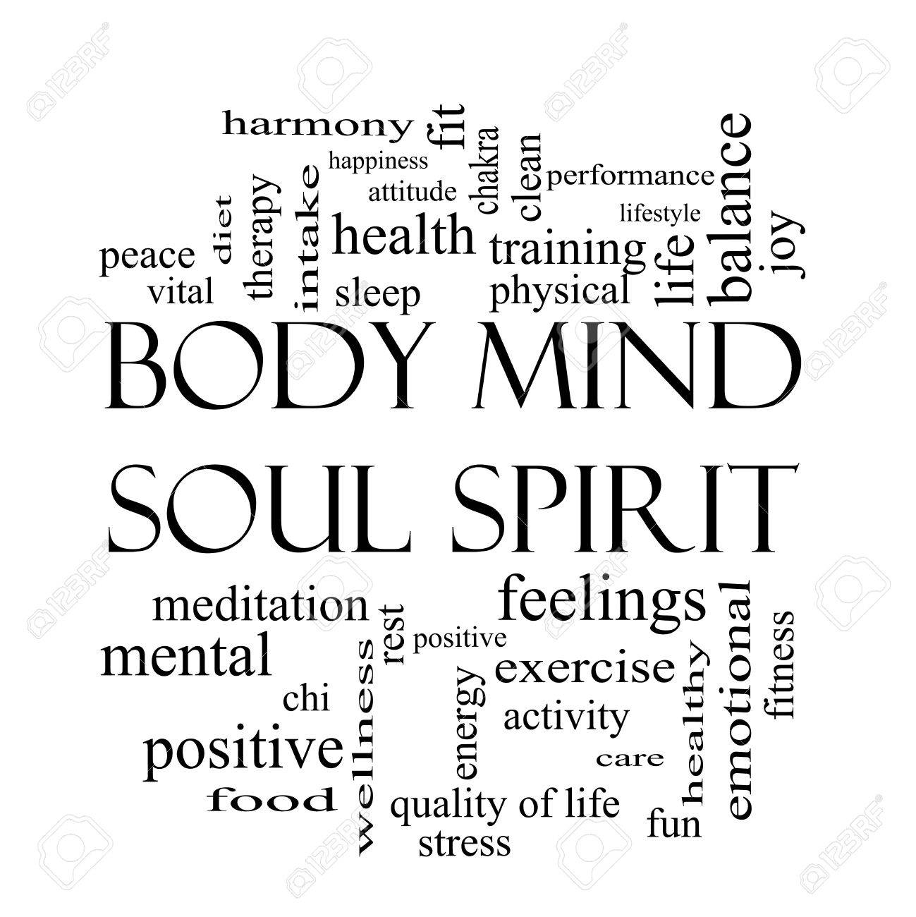 Body Mind Soul Spirit Word Cloud Concept In Black And White With Great Terms Such As Harmony Life Sleep Fit And More Stock Photo Picture And Royalty Free Image Image