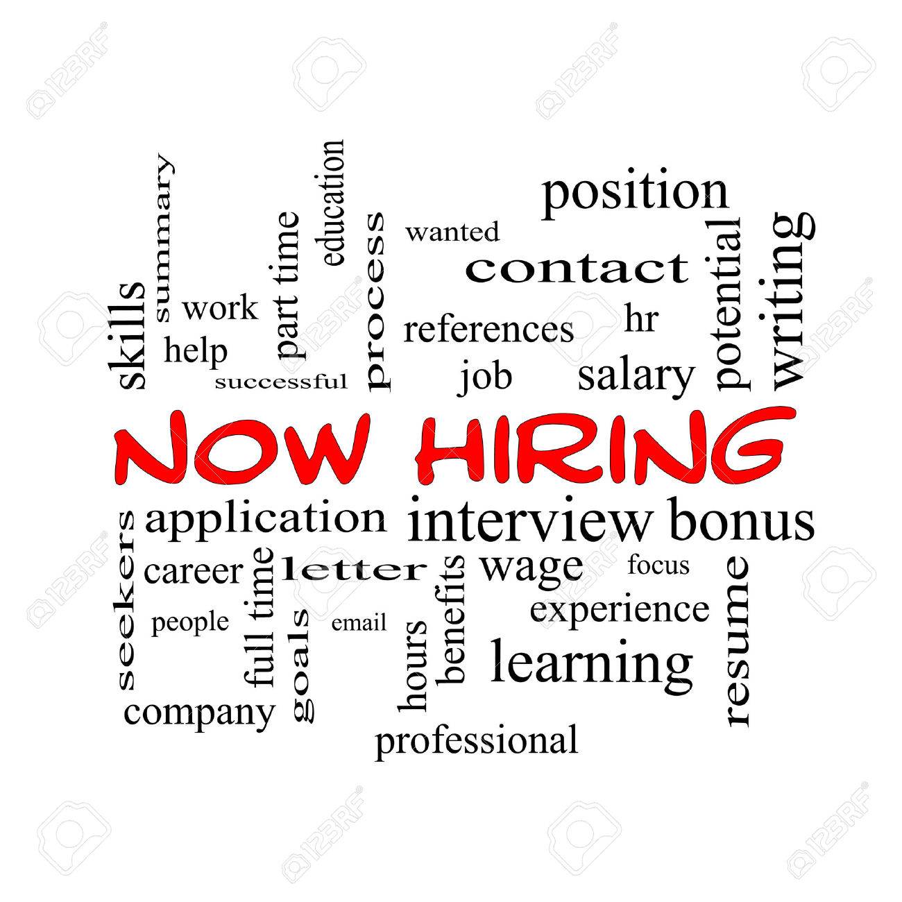now hiring word cloud concept in red caps with great terms such