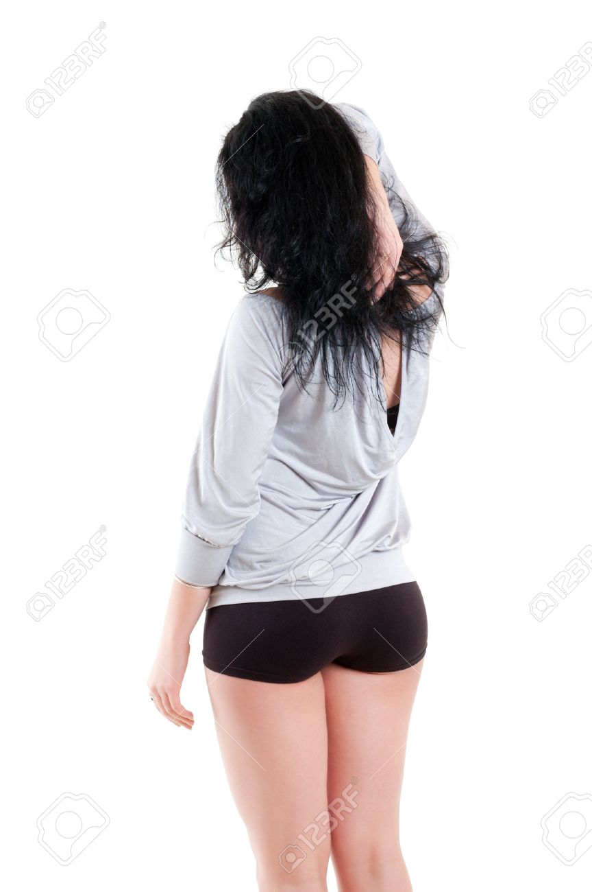 young woman backside view over white background stock photo picture back side