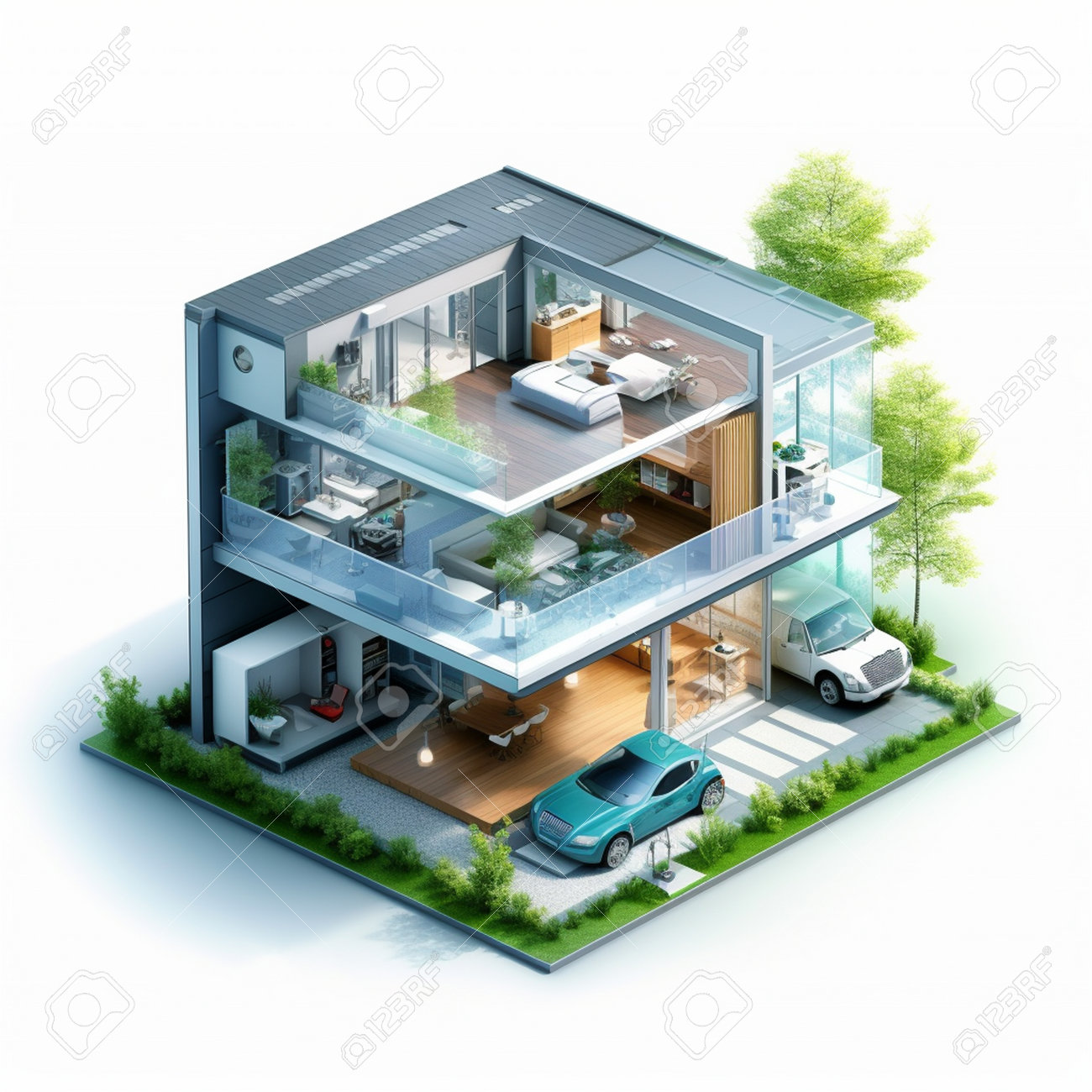 3d Isometric Modern House With Garage, Living Room And Car Stock Photo,  Picture and Royalty Free Image. Image 206489309., image size:1300x1300