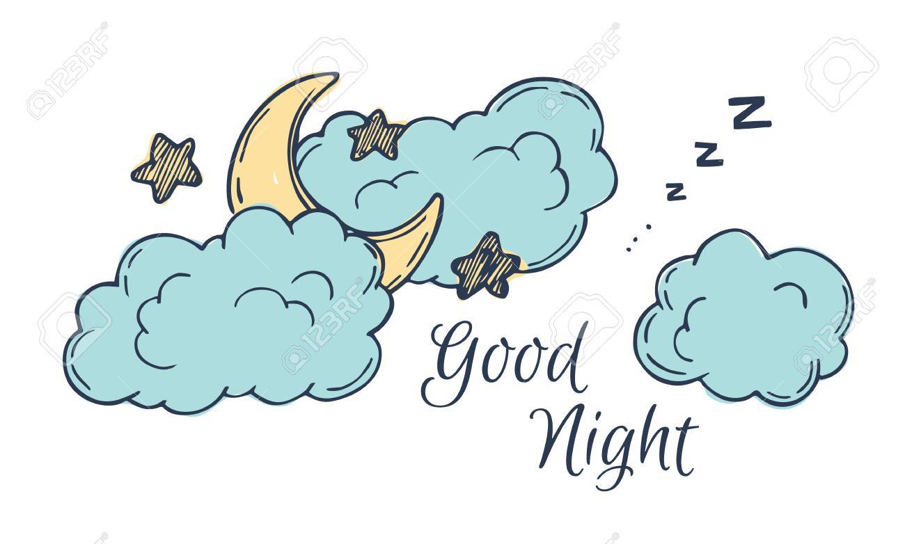 手描きベクトル イラスト おやすみ 月と雲とカード のイラスト素材 ベクタ Image