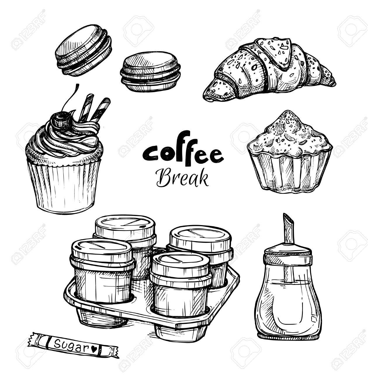 手の描かれたベクター グラフィック セット デザートとコーヒー クロワッサン ケーキ ケーキ マカロン コーヒー ブレークのイラスト素材 ベクタ Image 69543278