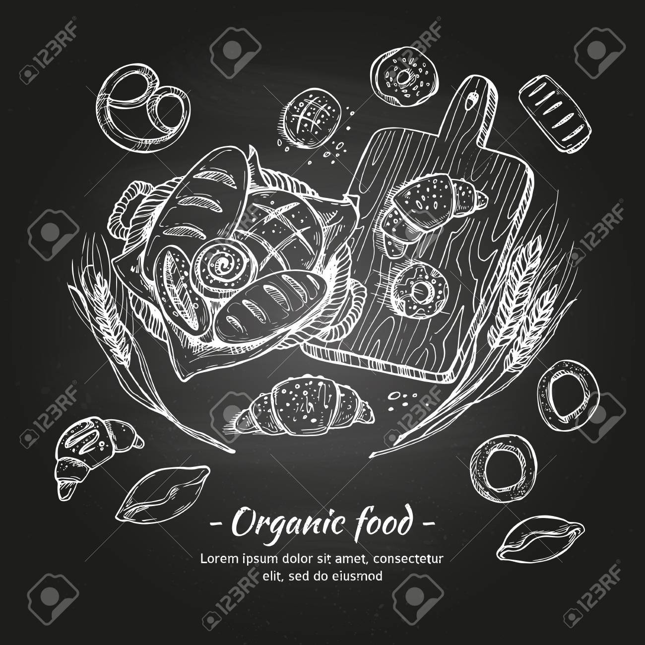 手描きのパン屋さん 菓子 ドーナツ クロワッサン ケーキ プレッツェル ベーグル バゲット等 付きのバスケット スケッチ あなたのデザイン テンプレートのイラスト素材 ベクタ Image