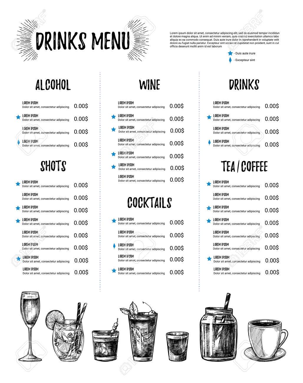 hand drawn vector illustration bar menu template of restaurant drinks menu template