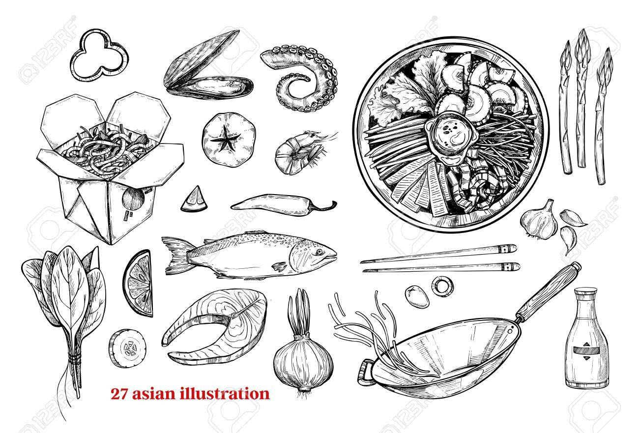 Hand Drawn Vector Illustrations Wok Wok Box Wok Pan Bibimbap Chinese Noodles Tomato Pepper Shrimp Soy Sauce Etc Asian Fast Food Royalty Free Cliparts Vectors And Stock Illustration Image