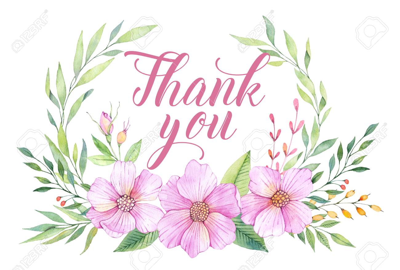手描き水彩イラスト 葉と花をありがとうカード 水彩画カードを使用する準備ができています 日付を保存します 招待状やグリーティング カード ブログ ポスターなどに最適 の写真素材 画像素材 Image