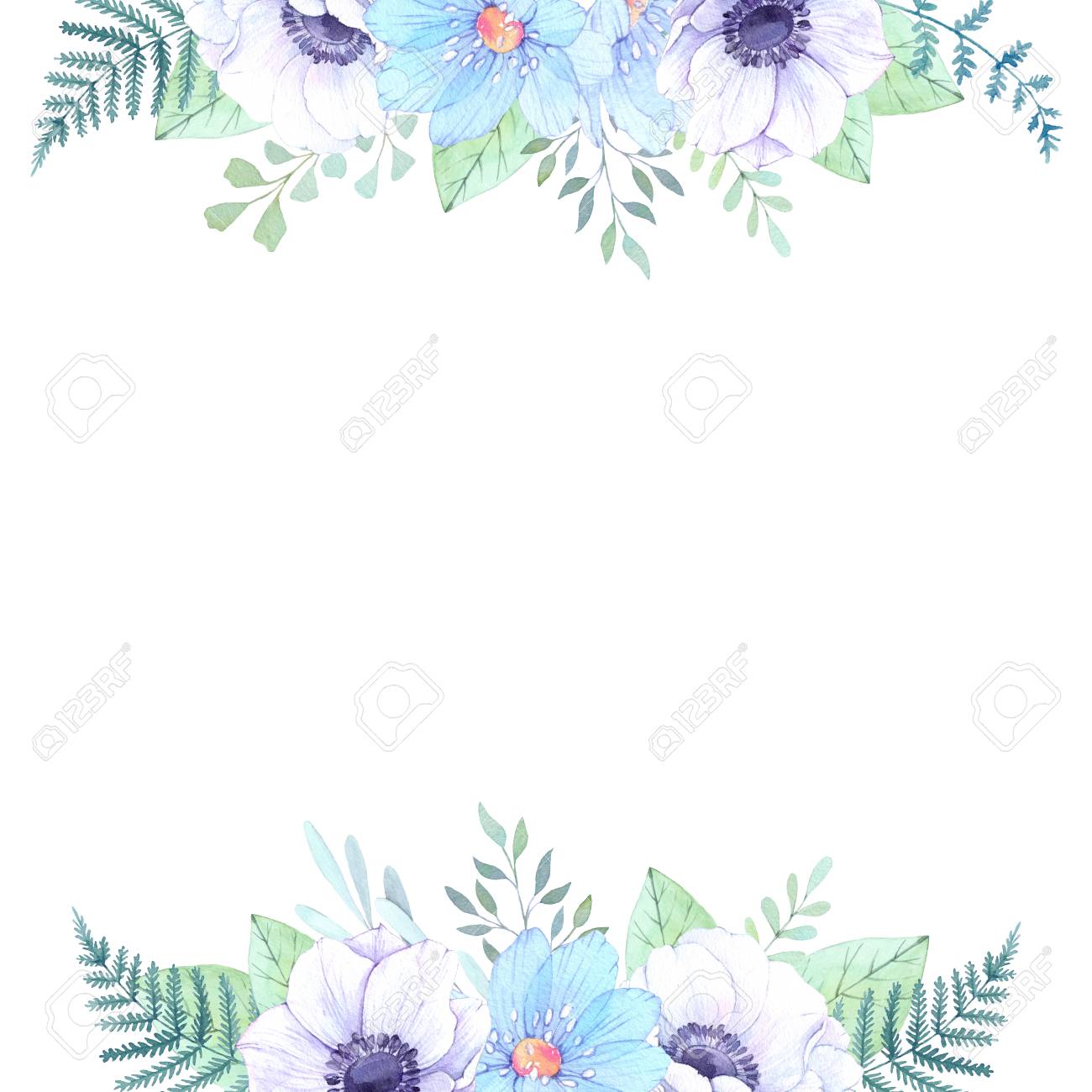 ilustración de acuarela marco floral con peonías y flores azules