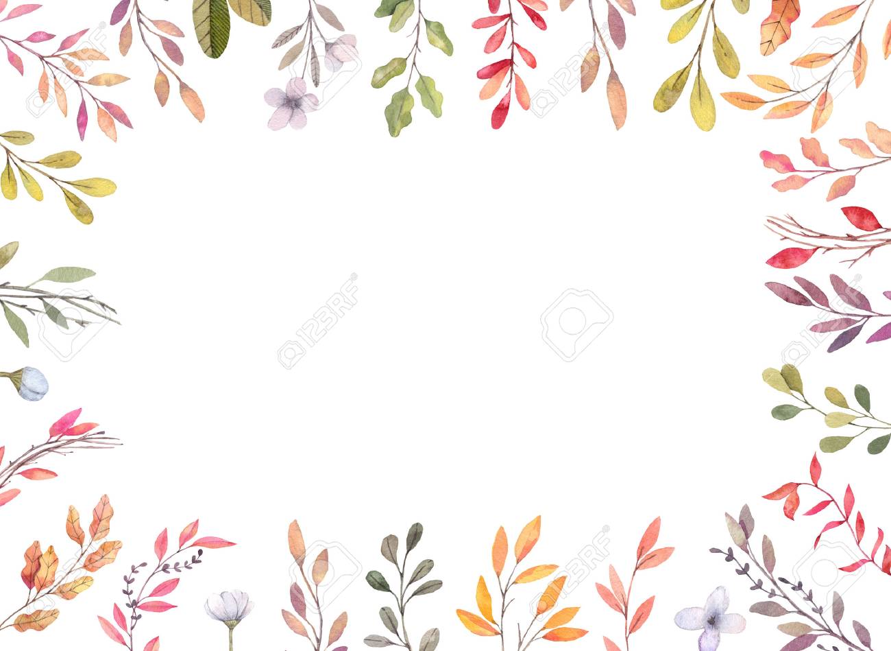 手描き水彩イラスト 秋植物の境界線 秋の葉や枝のセットです 花のフレーム 招待状 グリーティング カード ブログ ポスター 最適印刷します の写真素材 画像素材 Image