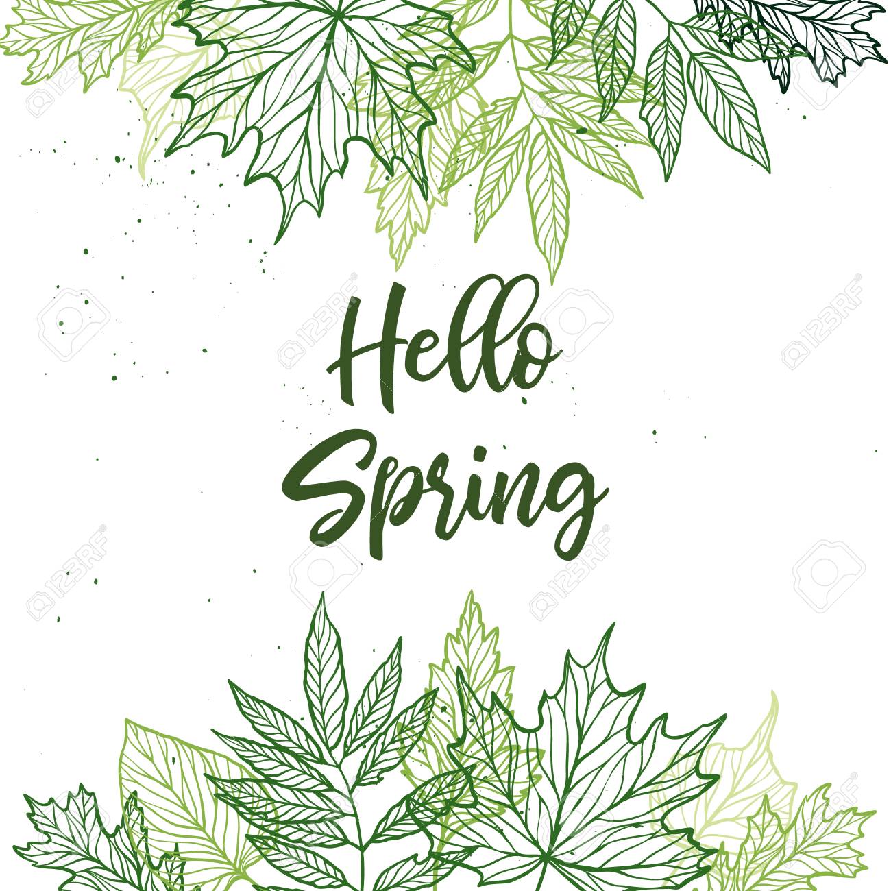 手描きベクトルイラスト 緑の葉 ハーブや枝と春のラベル 花のデザイン要素 結婚式の招待状 グリーティングカード ブログ ポスターなどに最適 のイラスト素材 ベクタ Image