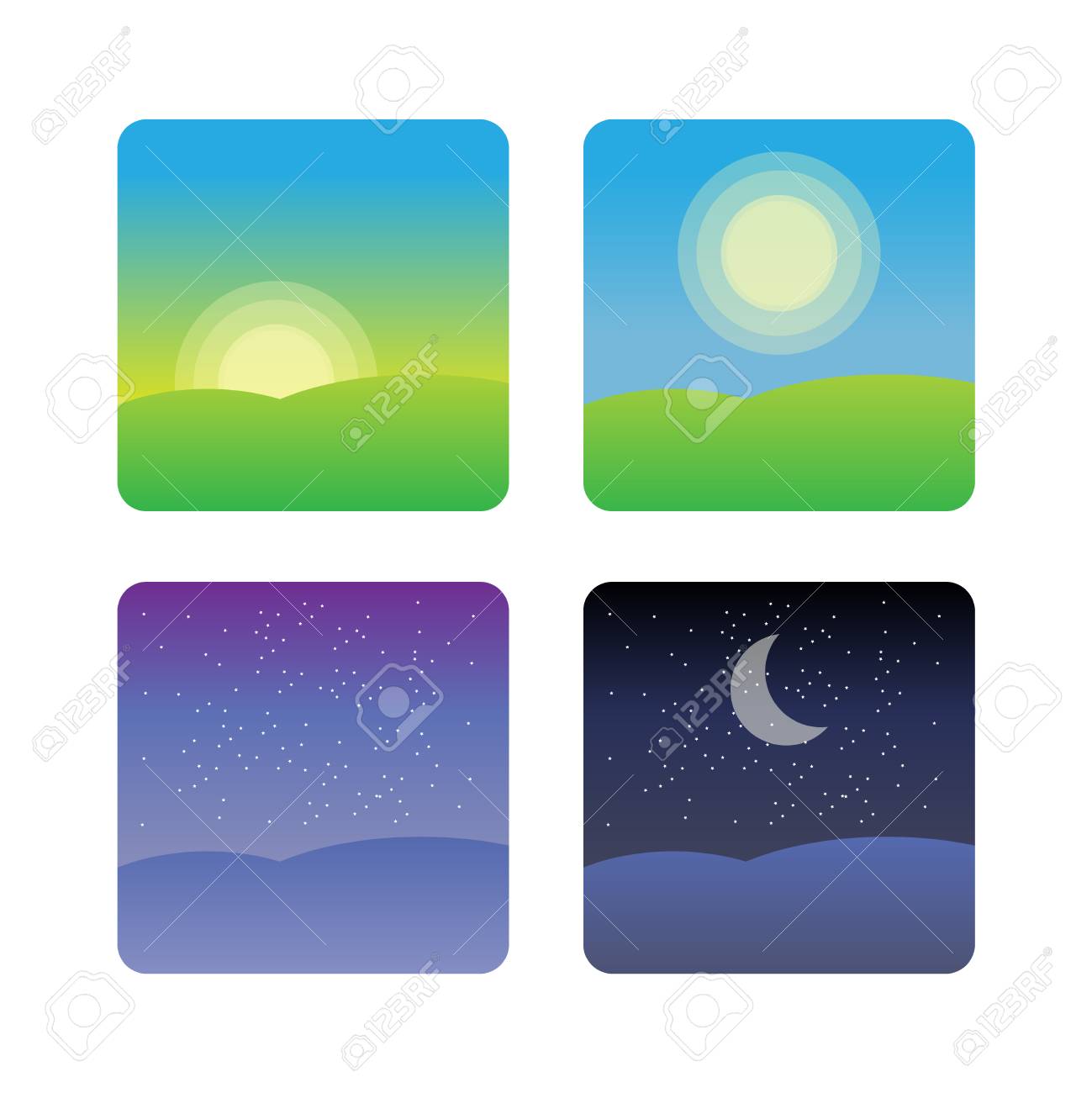 Nature Landscape At Times Of Day Icons Morning Night Cycle Royalty Free Cliparts Vectors And Stock Illustration Image 99909125
