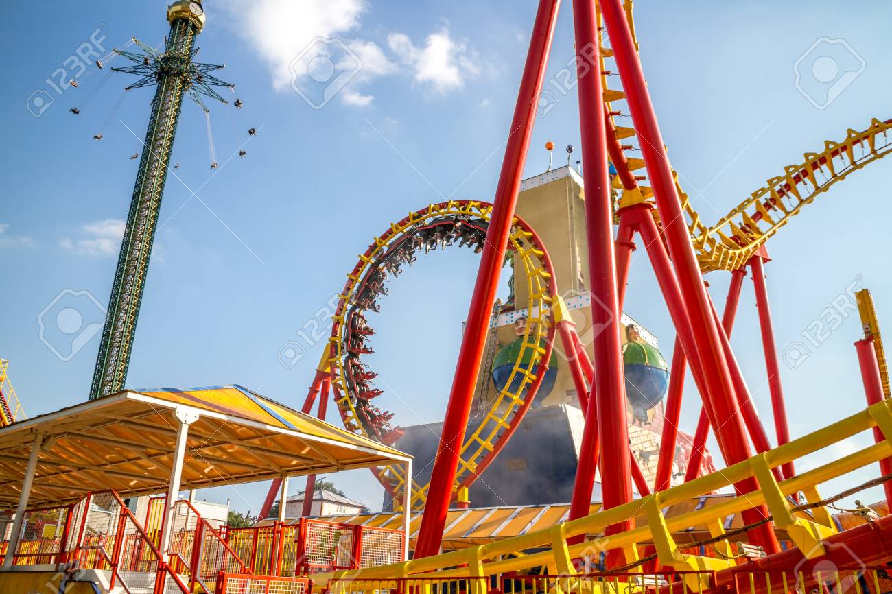 Vienna Austria May.26 2018, People riding in roller coaster - 102919557 Vienna Austria May.26 2018, People riding in roller coaster - 102919557
