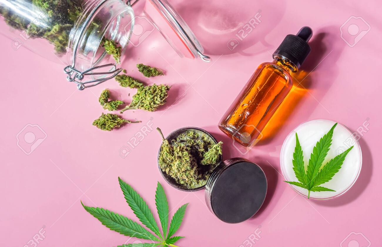 Medical Marijuana Buds CBD Oil And Grinder On Isolated On Pink, Medical  Cannabis Concept Фотография, картинки, изображения и сток-фотография без  роялти. Image 151757596