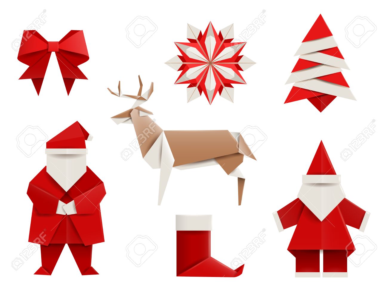 Realistic origami, Christmas set: Santa, deer, christmas tree, snowflake and so. Vector illustration, , isolated on white. - 53378573 Realistic origami, Christmas set: Santa, deer, christmas tree, snowflake and so. Vector illustration, , isolated on white. - 53378573