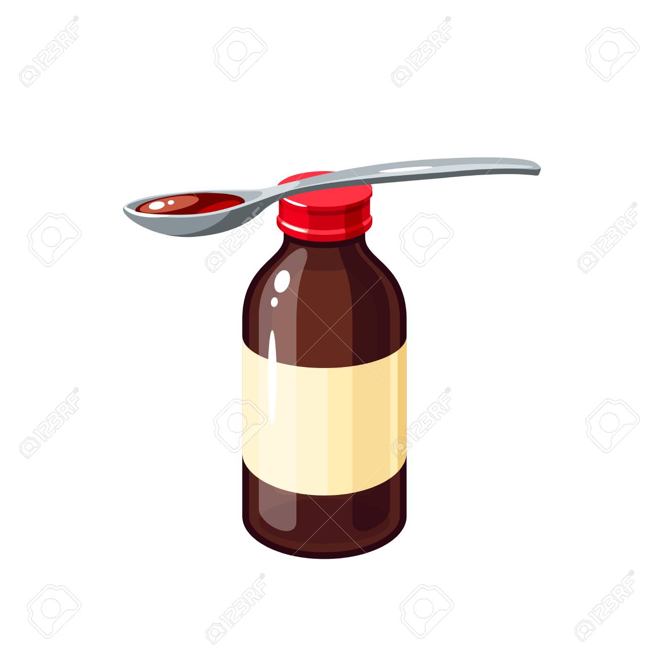 Cough Remedy. Bottle Of Medicine Syrup And One Dose In Spoon For Treat Sore  Throat Cold Flu Influenza. Vector Illustration Cartoon Flat Icon Isolated  On White. Royalty Free SVG, Cliparts, Vectors, and