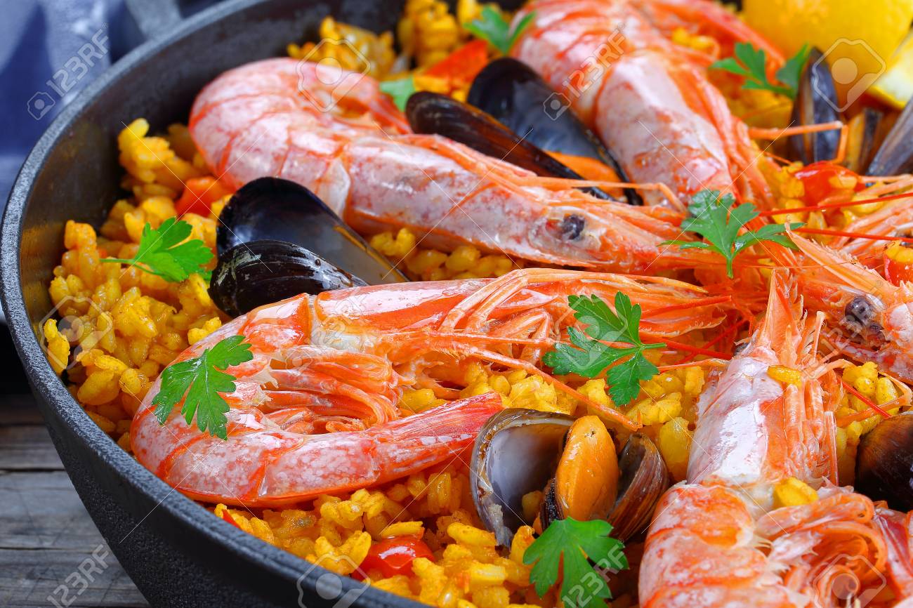 Close Up Of Delicious Seafood Valencia Paella With King Prawns