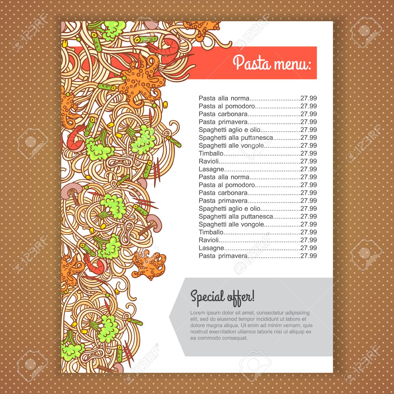 menu card design with italian pasta illustration background