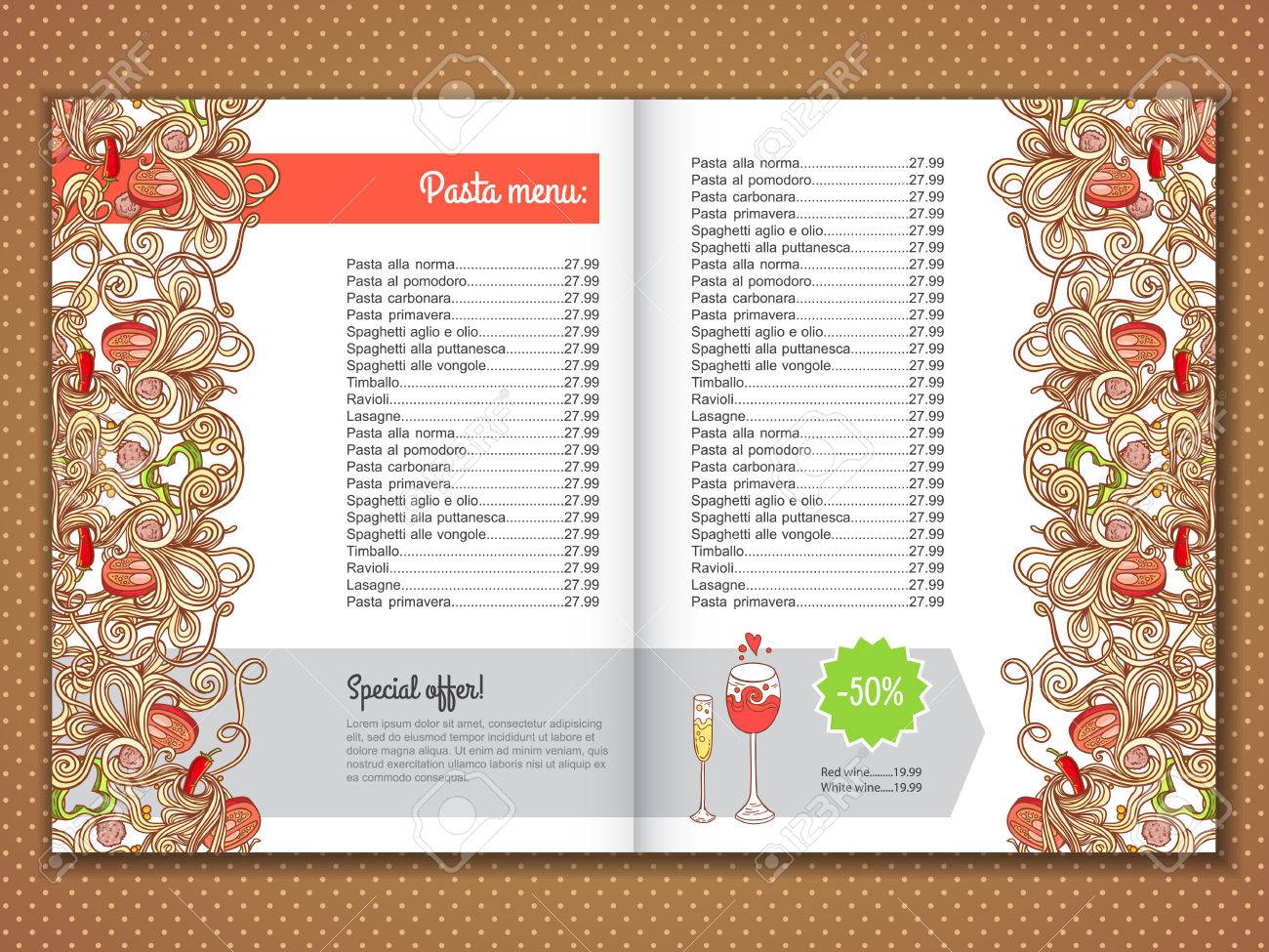 Menu Card Design With Italian Pasta Illustration Background. Design  Template For Menu, Banner And Advertise. Royalty Free SVG, Cliparts,  Vectors, And Stock Illustration. Image 42749293.