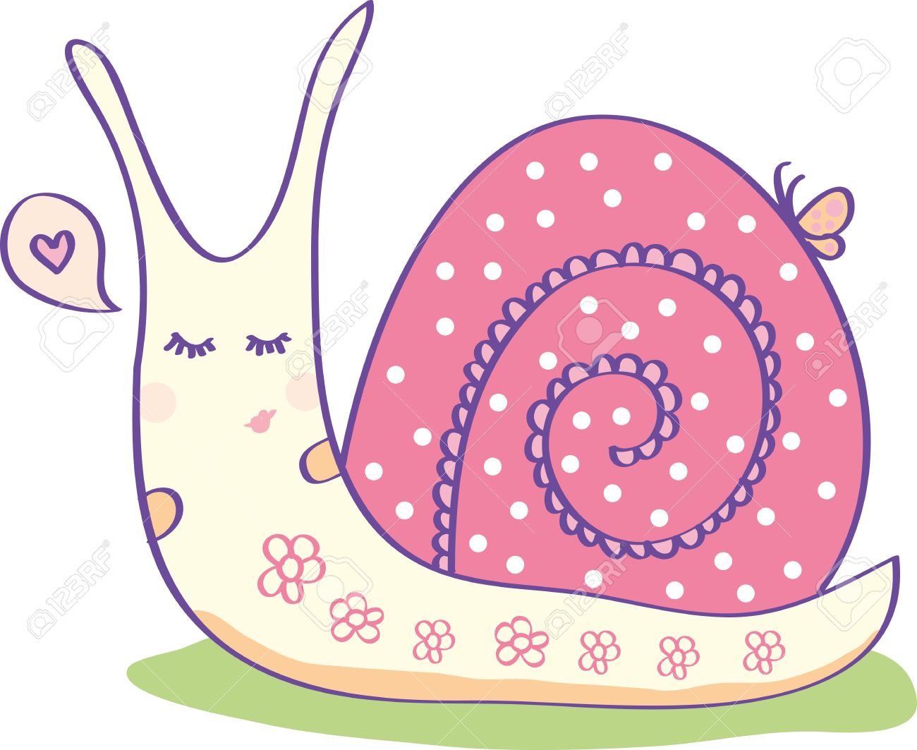 きれいなピンクのエンドウ豆の殻にカタツムリ のイラスト素材 ベクタ Image