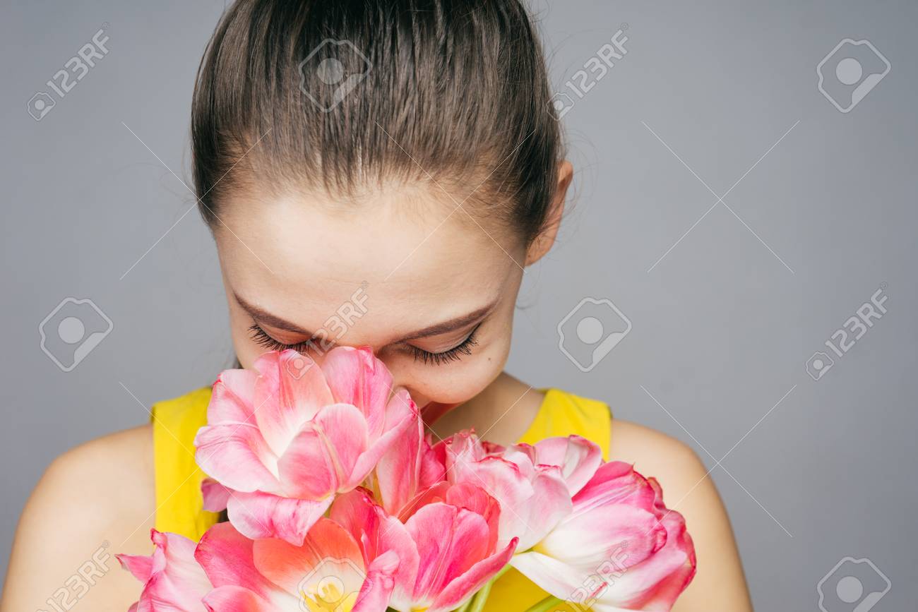 yellow dress with pink flowers