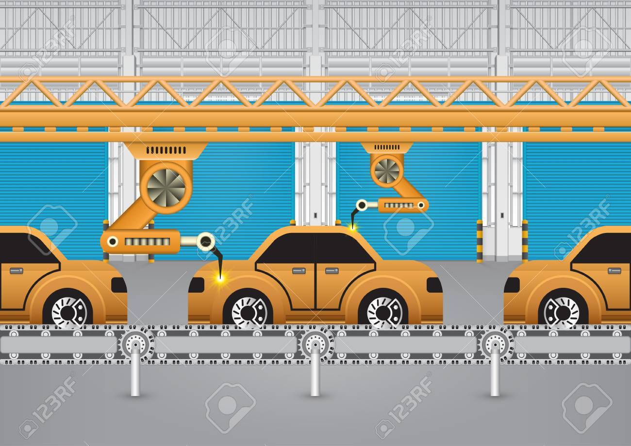 自動車部品工場で働くロボット のイラスト素材 ベクタ Image