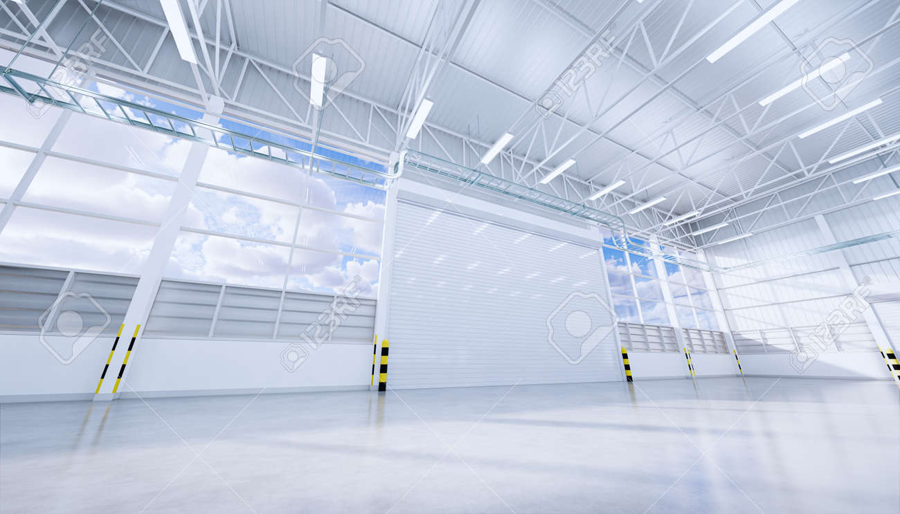 3d rendering of empty hangar and concrete floor and shutter door, clean and new condition. - 148704774 3d rendering of empty hangar and concrete floor and shutter door, clean and new condition. - 148704774