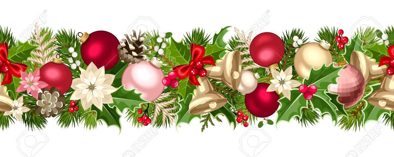 Vecteur De Noël Sans Soudure Horizontale Guirlande Avec Vert Rouge Rose Et Argent Branches De Sapin Boules Cloches Houx Fleurs Et Cônes