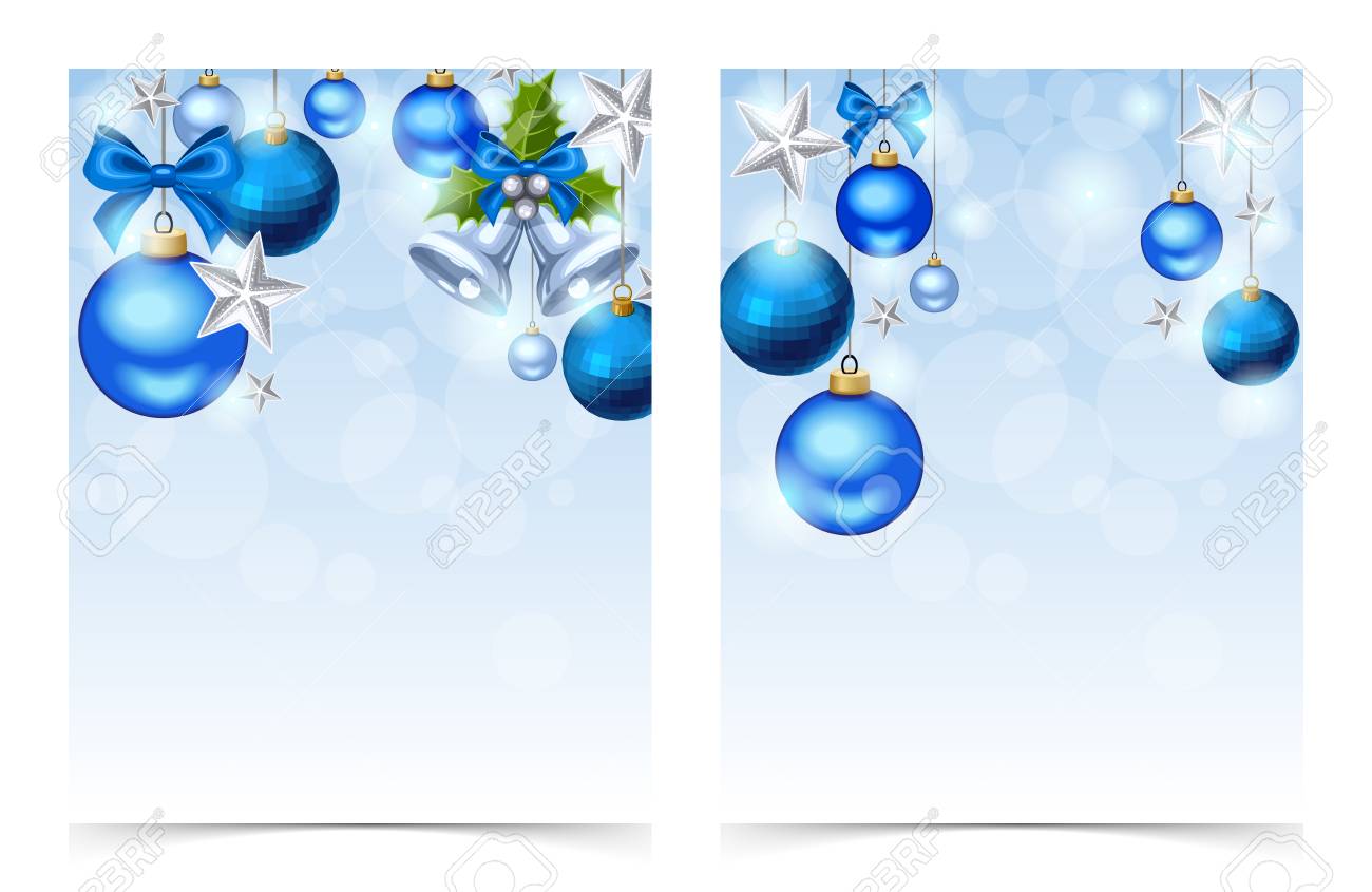 vector christmas flyers with blue and silver balls bells stars silver and blue flyers