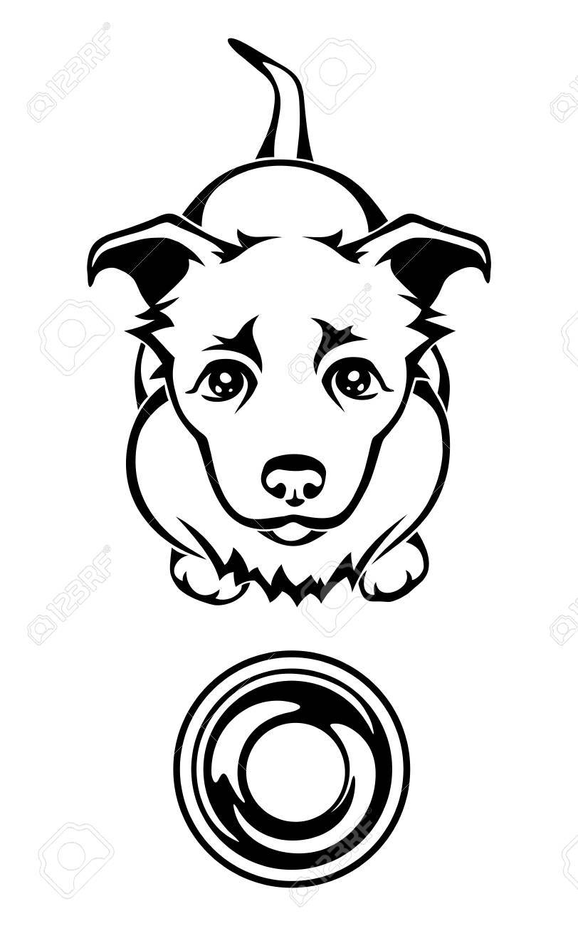 空のボウルの食べ物を物乞いする空腹の犬の黒と白のベクトル イラスト のイラスト素材 ベクタ Image