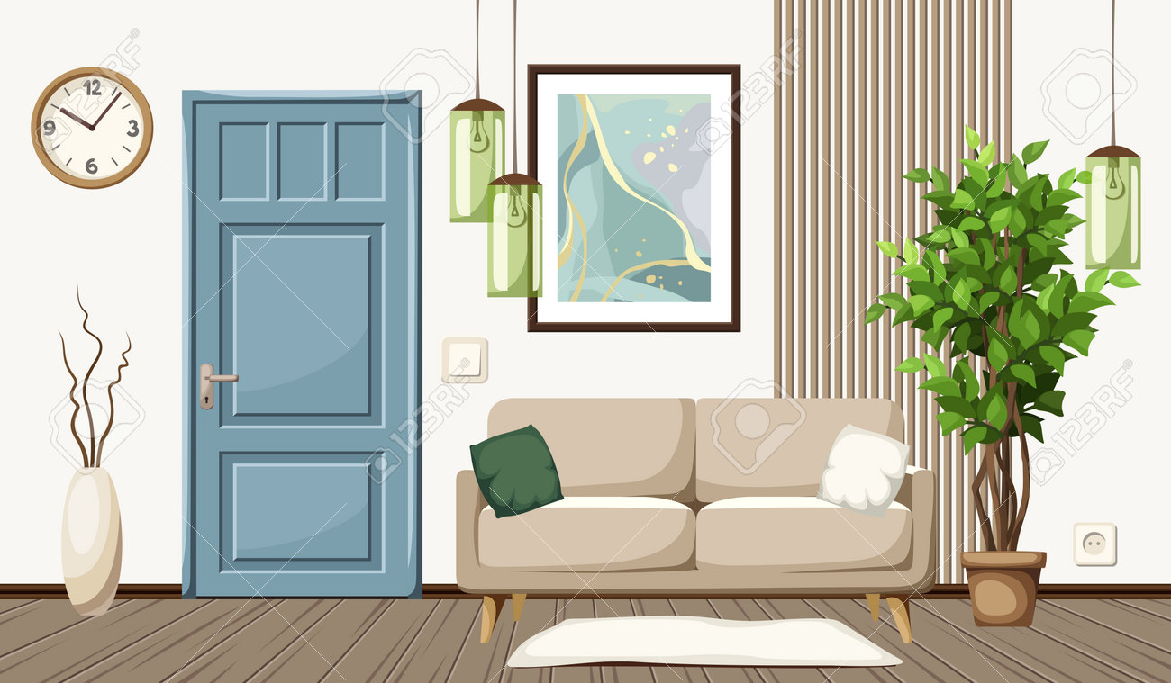 Modern Room Interior With A Sofa, An Abstract Painting, A Blue Door, A Big  Ficus Tree, And Green Lamps. Foyer Interior Design. Cartoon Vector  Illustration Royalty Free SVG, Cliparts, Vectors, and Stock, image size:1300x759