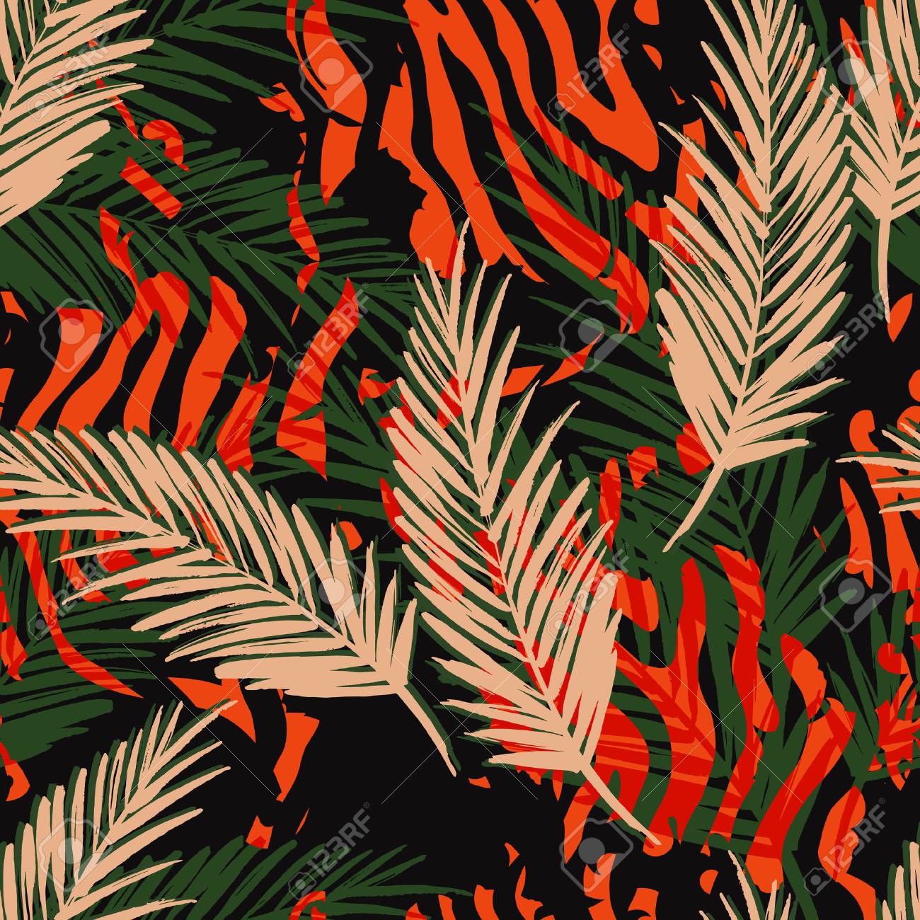 Seamless exotic pattern with palm leaves and animal pattern. Vector hand draw illustration - 58887179 Seamless exotic pattern with palm leaves and animal pattern. Vector hand draw illustration - 58887179