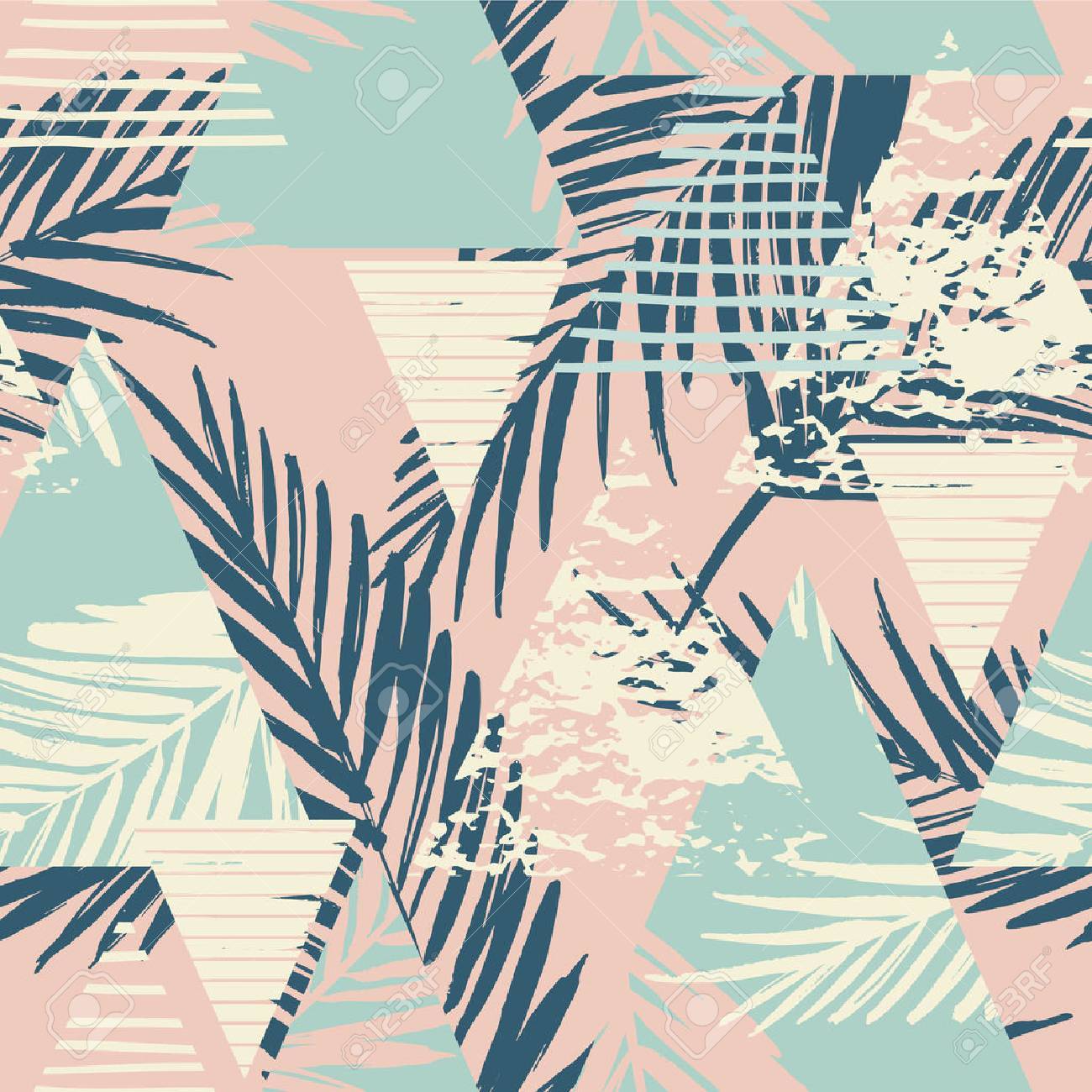Seamless exotic pattern with palm leaves on geometric background . Vector illustration. - 67681328 Seamless exotic pattern with palm leaves on geometric background . Vector illustration. - 67681328
