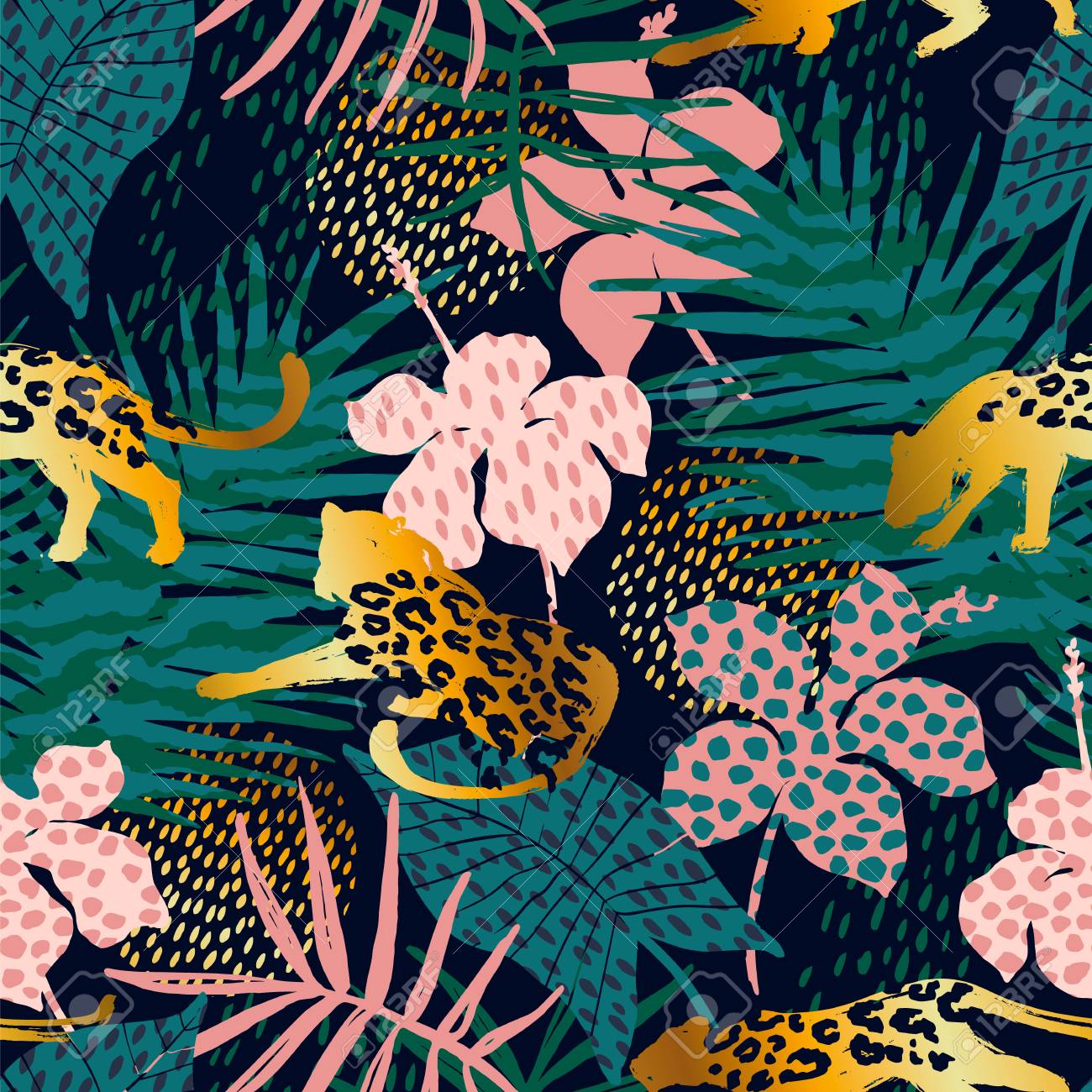 Trendy seamless exotic pattern with palm, animal prints and hand drawn textures. Vector illustration. Modern abstract design for paper, wallpaper, cover, fabric, Interior decor and other users. - 93748753 Trendy seamless exotic pattern with palm, animal prints and hand drawn textures. Vector illustration. Modern abstract design for paper, wallpaper, cover, fabric, Interior decor and other users. - 93748753