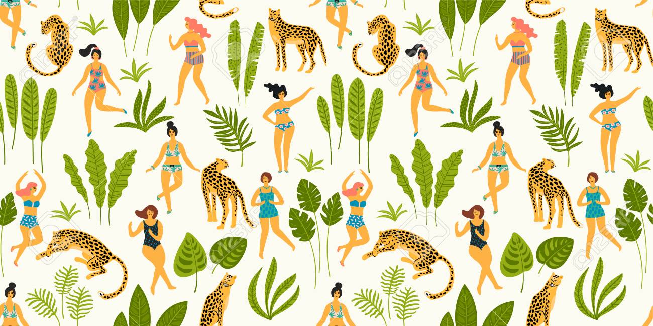 Vector seamless pattern with dancing ladyes in swimsuits and leopards. Design element for summer party concept and other use. - 107254225 Vector seamless pattern with dancing ladyes in swimsuits and leopards. Design element for summer party concept and other use. - 107254225