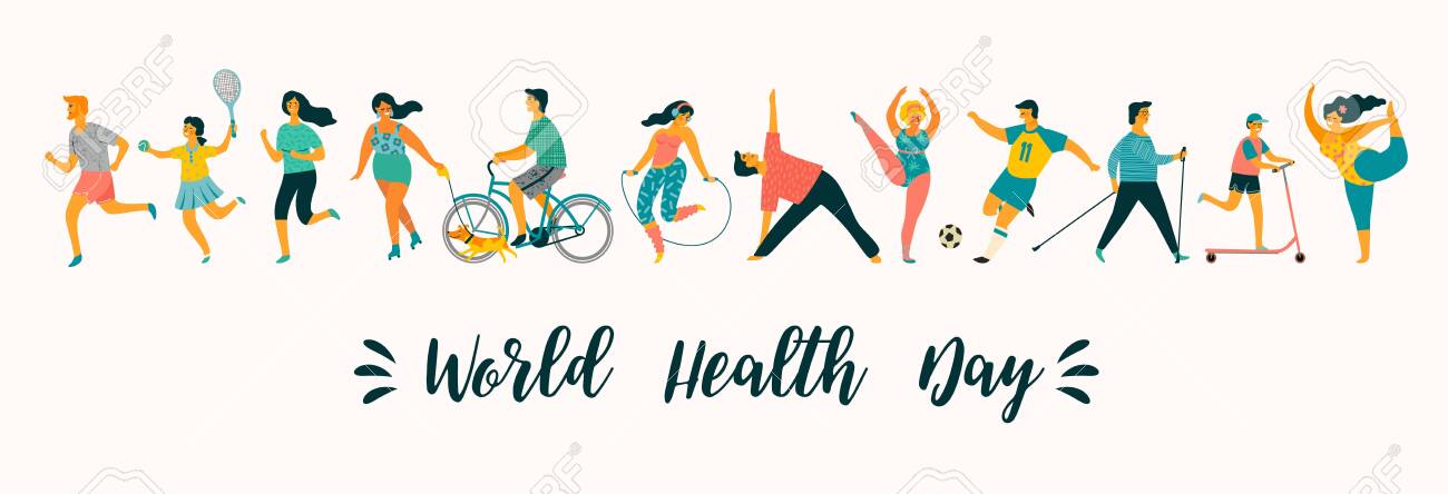 World Health Day. Vector illustration of people leading an active healthy lifestyle. Design element. - 124514663 World Health Day. Vector illustration of people leading an active healthy lifestyle. Design element. - 124514663
