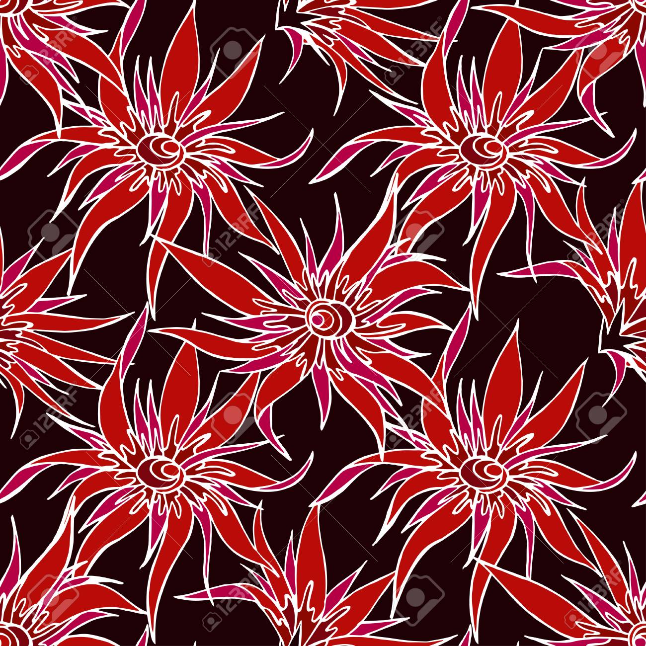 seamless pattern with hand drawn flowers in burgundy and red