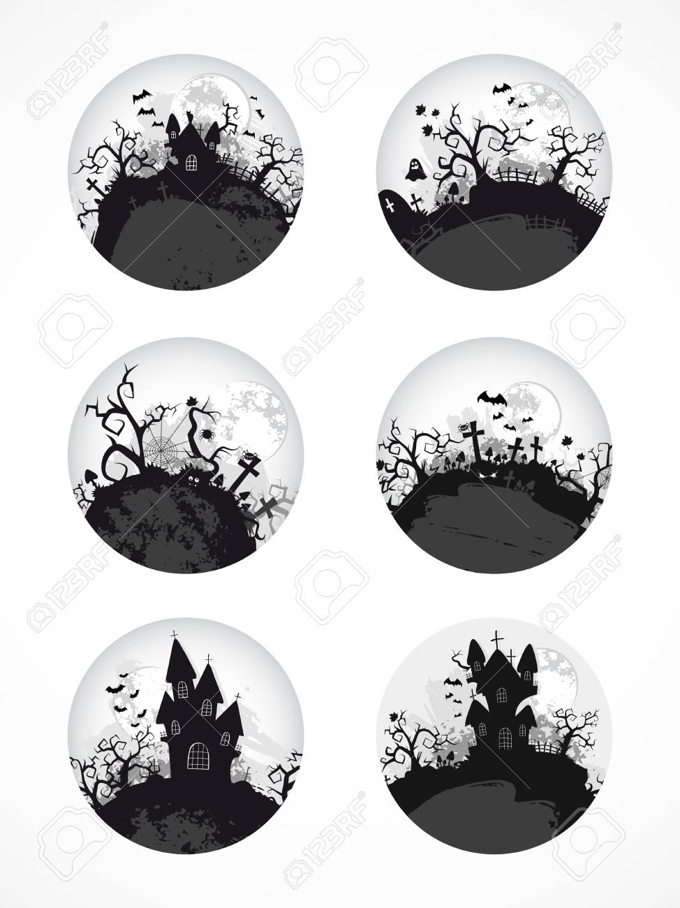 ラウンドのハロウィン イラストのベクトルを設定します 丸いアイコン モノクロ のイラスト素材 ベクタ Image