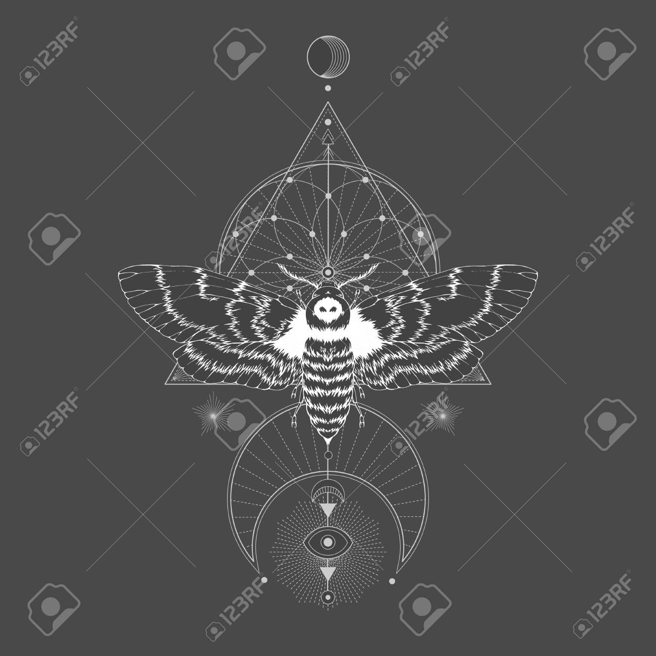 Vector illustration with hand drawn dead head moth and Sacred geometric symbol on black vintage background. Abstract mystic sign. White linear shape. For you design: tattoo, print, posters, t-shirts, textiles and other. - 110949466 Vector illustration with hand drawn dead head moth and Sacred geometric symbol on black vintage background. Abstract mystic sign. White linear shape. For you design: tattoo, print, posters, t-shirts, textiles and other. - 110949466