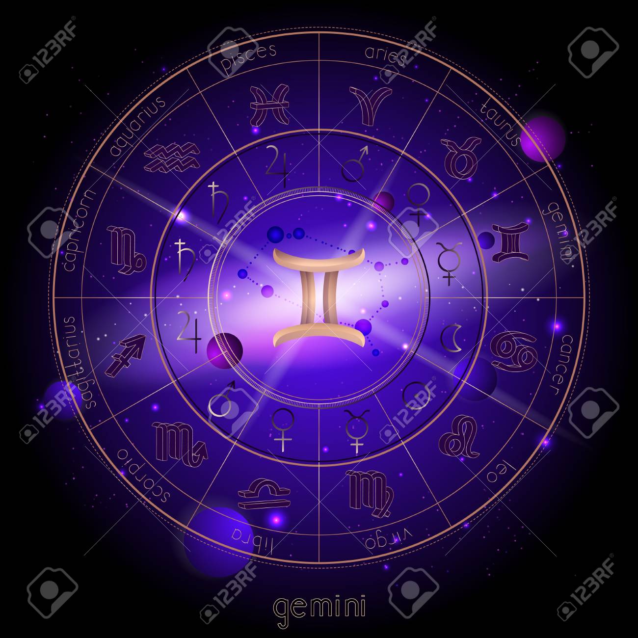 Vector Illustration Of Sign And Constellation Gemini And ...