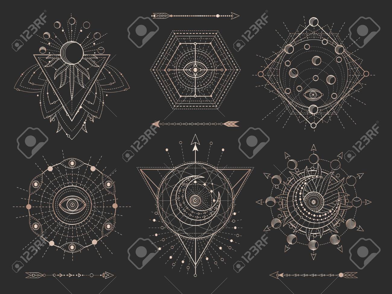 Vector set of Sacred geometric symbols and figures on black background. Gold abstract mystic signs collection drawn in lines. For you design: tattoo, print, posters, t shirts, textiles and magic craft - 123592839 Vector set of Sacred geometric symbols and figures on black background. Gold abstract mystic signs collection drawn in lines. For you design: tattoo, print, posters, t shirts, textiles and magic craft - 123592839