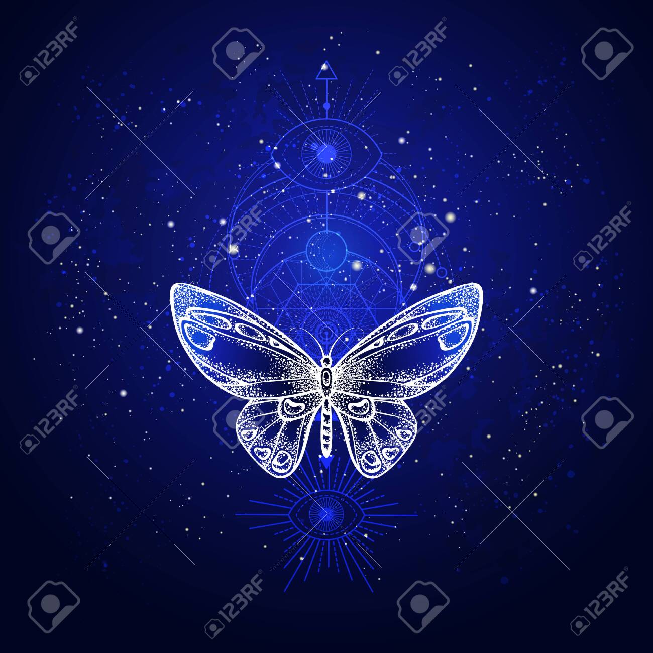 夜の星空に対して手描きの蝶と神聖な幾何学記号を持つベクトルイラスト