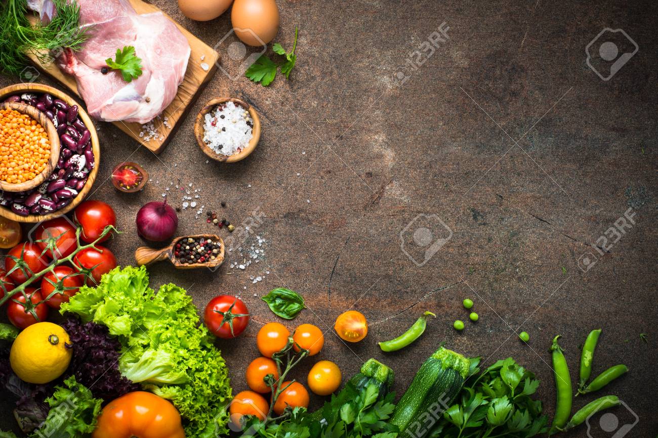 Balanced Food Background. Organic Food For Healthy Nutrition. Meat Beans  And Vegetables. Top View Copy Space At Dark Stone Table. Stock Photo,  Picture and Royalty Free Image. Image 82228659., image size:1300x866