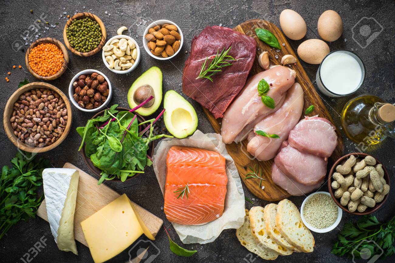 Protein Sources - Meat, Fish, Cheese, Nuts, Beans And Greens. Stock Photo,  Picture and Royalty Free Image. Image 103676685.